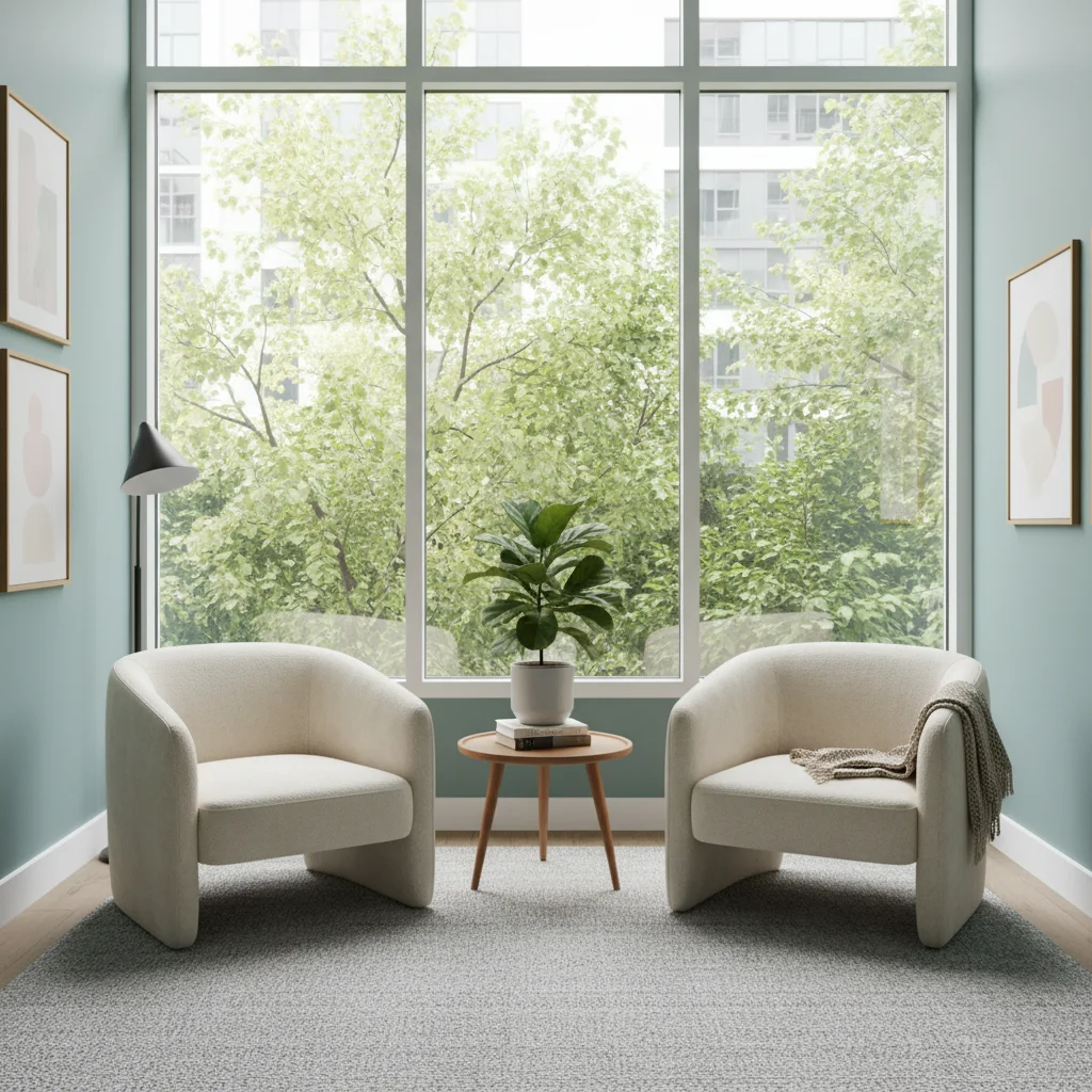 Modern, inviting therapy room symbolizing accessible mental health resources.