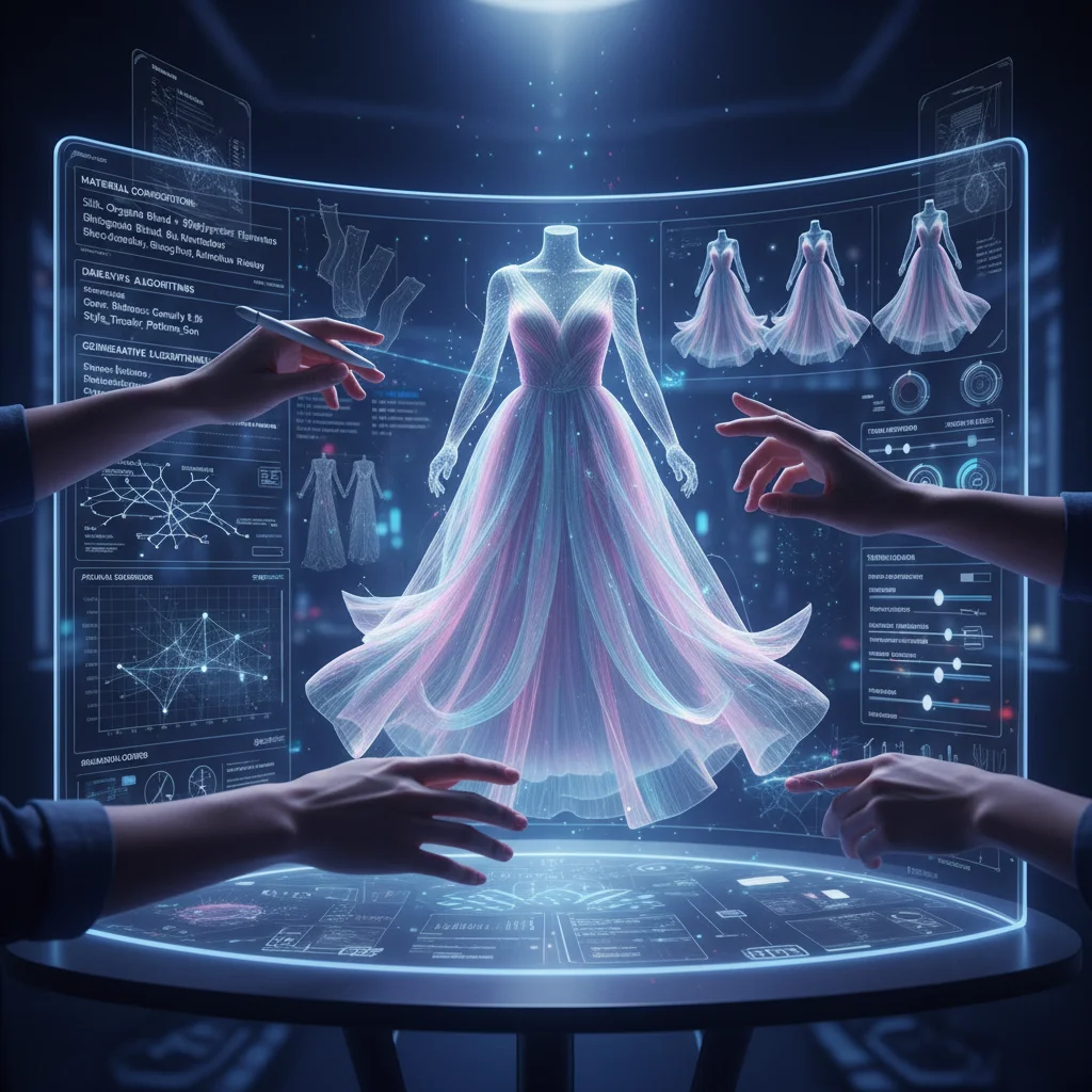 AI-powered 3D garment design interface, holographic projection, fashion technology