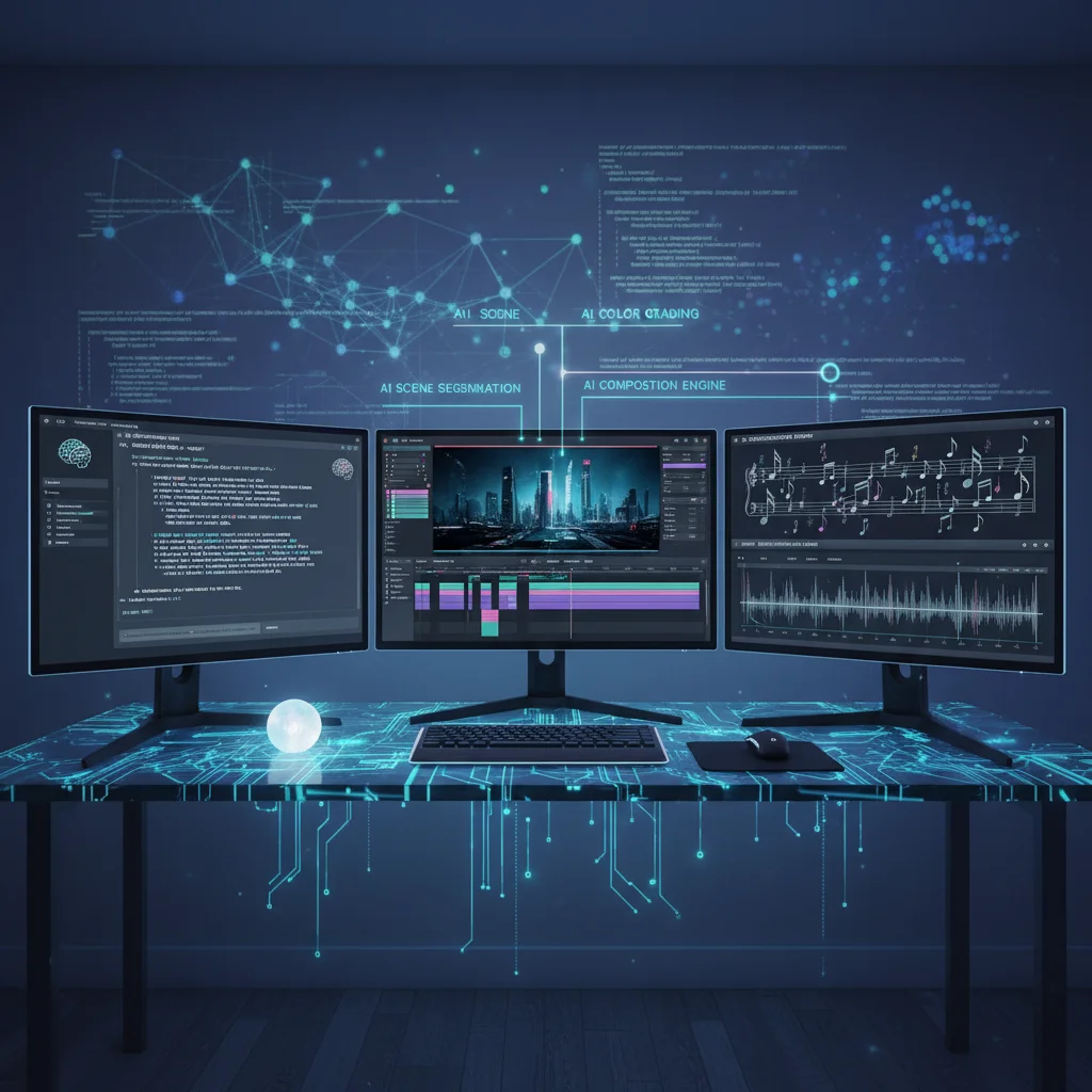 AI-powered content creation tools across multiple screens, showing script generation, video editing, and music composition.