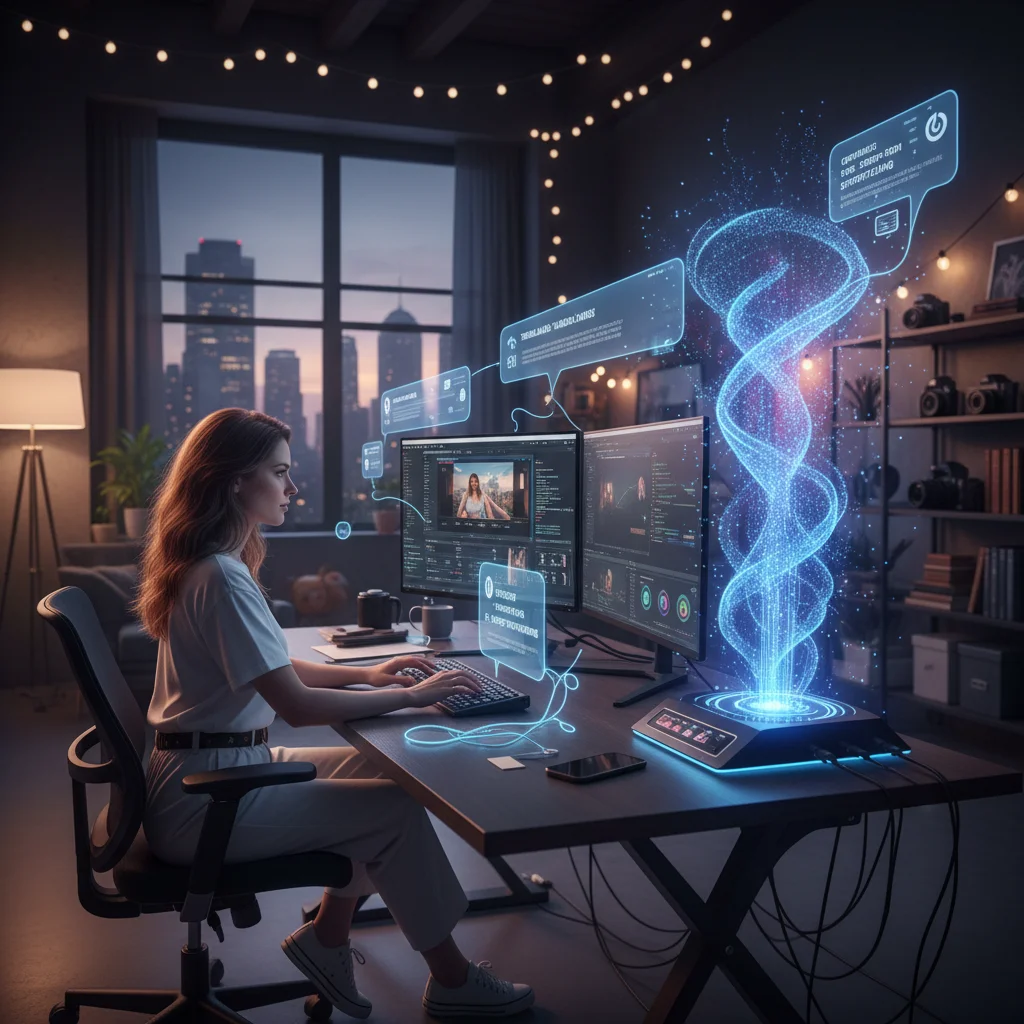 AI assistant helping a human creator with content generation and data analysis.