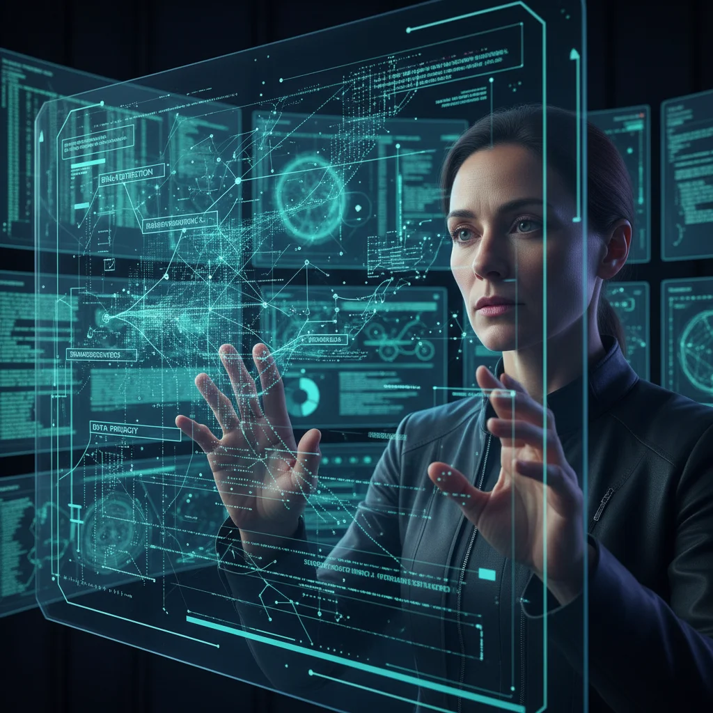 Person analyzing complex data on transparent screen, symbolizing AI ethics and data trust.