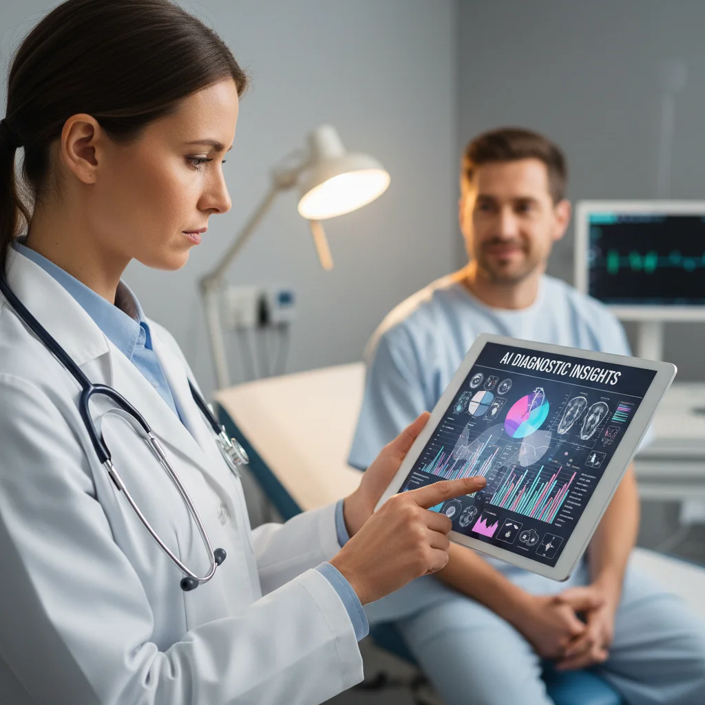 Healthcare professional utilizing AI for diagnostics and patient care, demonstrating technological advancement in medicine.