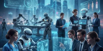 AI's Impact on US Employment: 5 Key Sectors Facing Transformation by 2026 Professionals from various sectors engaging with AI technology, illustrating the future of US employment.