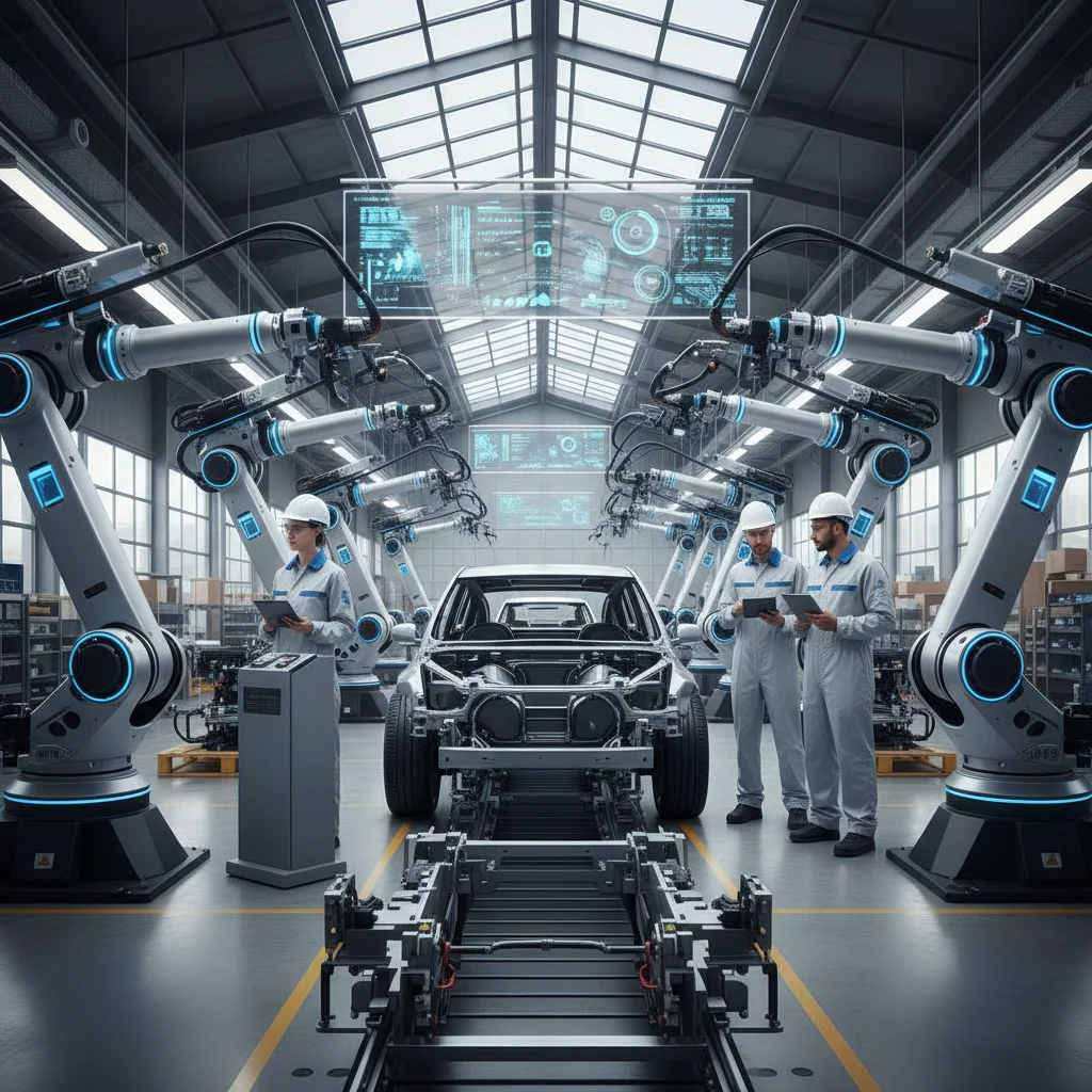 Robotics and human workers collaborating in a modern manufacturing facility, showcasing AI integration.