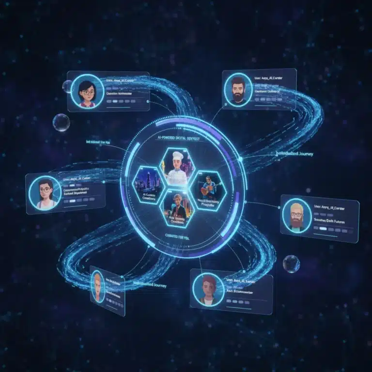 AI-powered personalization interface showing tailored content and user profiles.