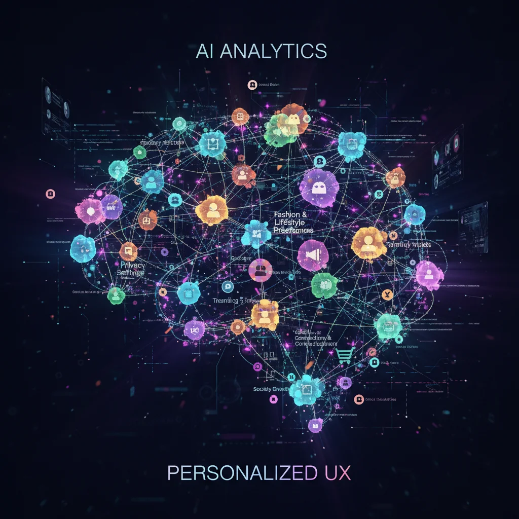 Network of glowing nodes and data points symbolizing AI analytics and personalized user experiences.