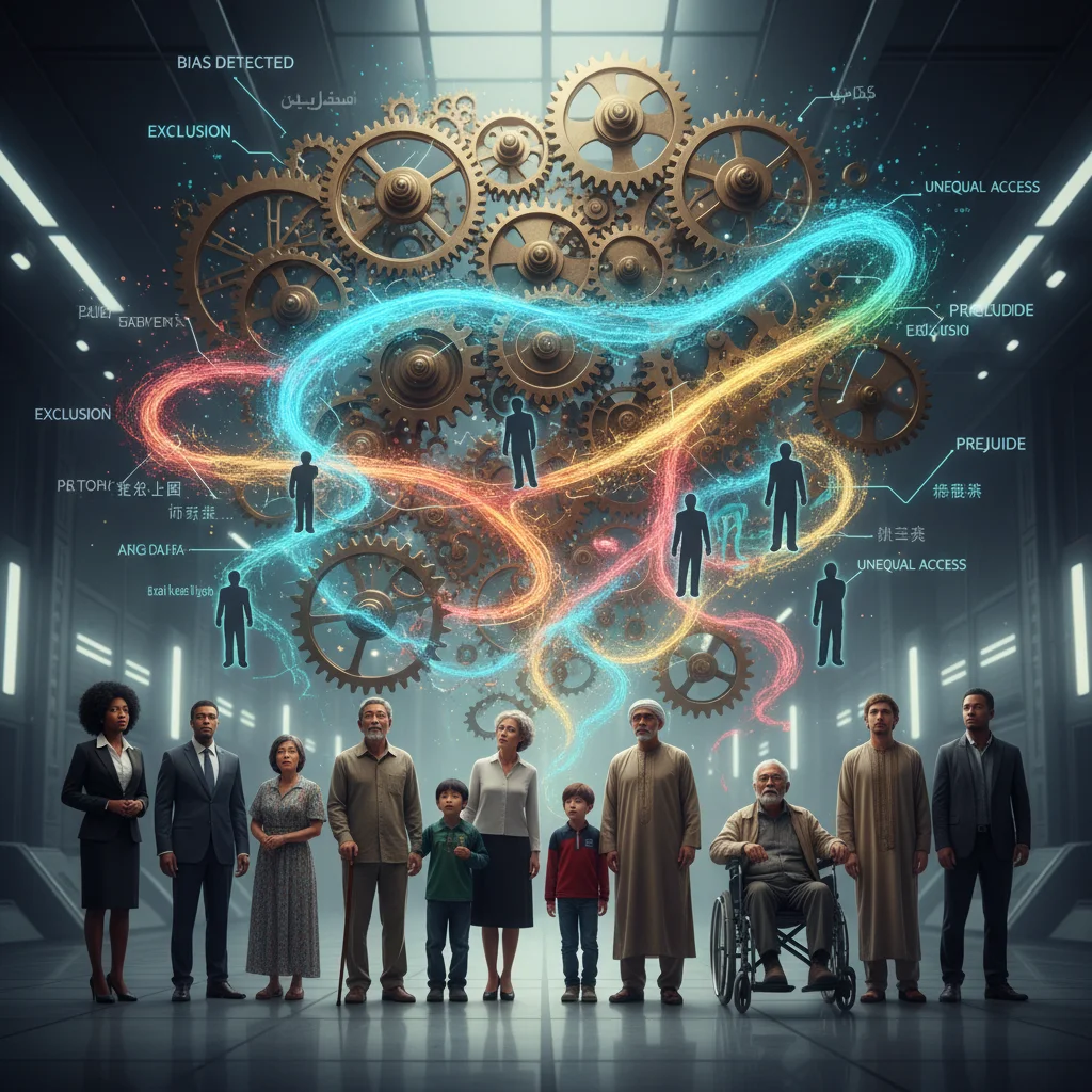 Diverse people facing abstract algorithmic gears, symbolizing algorithmic bias