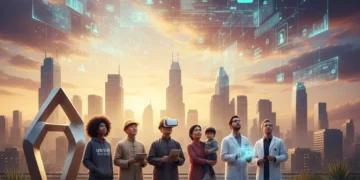 Diverse group looking towards a modern cityscape, symbolizing the evolving American Dream.