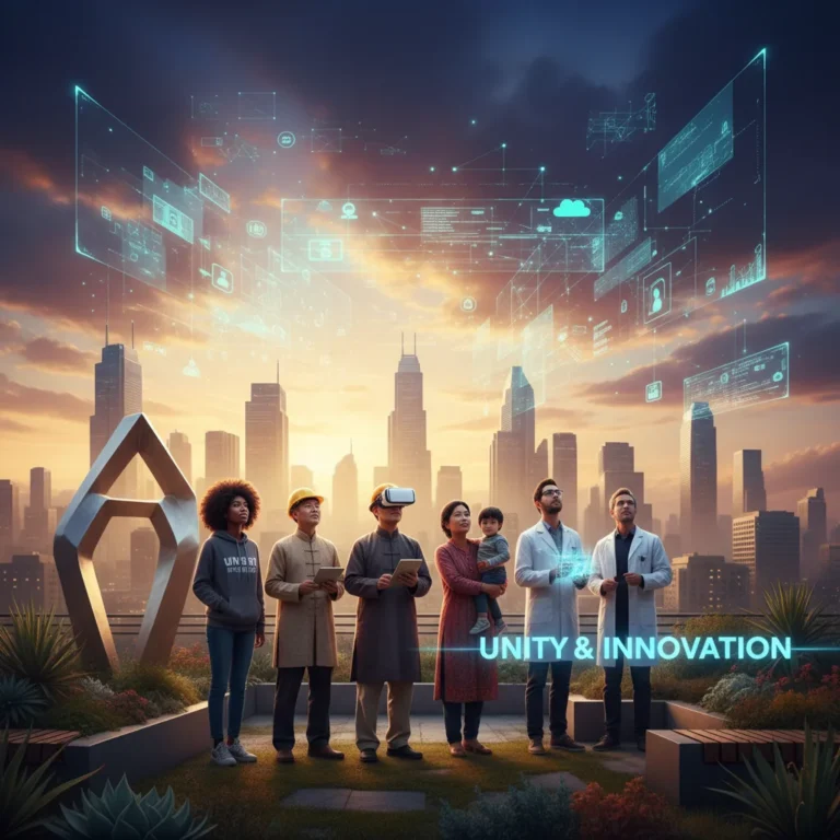 Diverse group looking towards a modern cityscape, symbolizing the evolving American Dream.