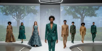 American Fashion Trends 2026: Sustainable, Tech, and Inclusivity Models displaying sustainable and tech-integrated fashion for 2026, featuring diverse body types and styles.