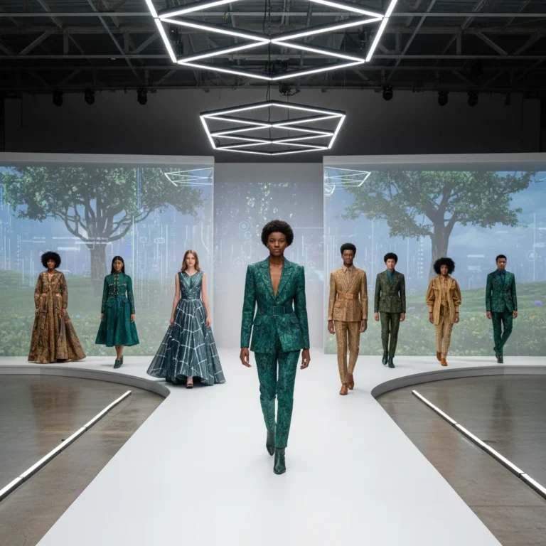 Models displaying sustainable and tech-integrated fashion for 2026, featuring diverse body types and styles.