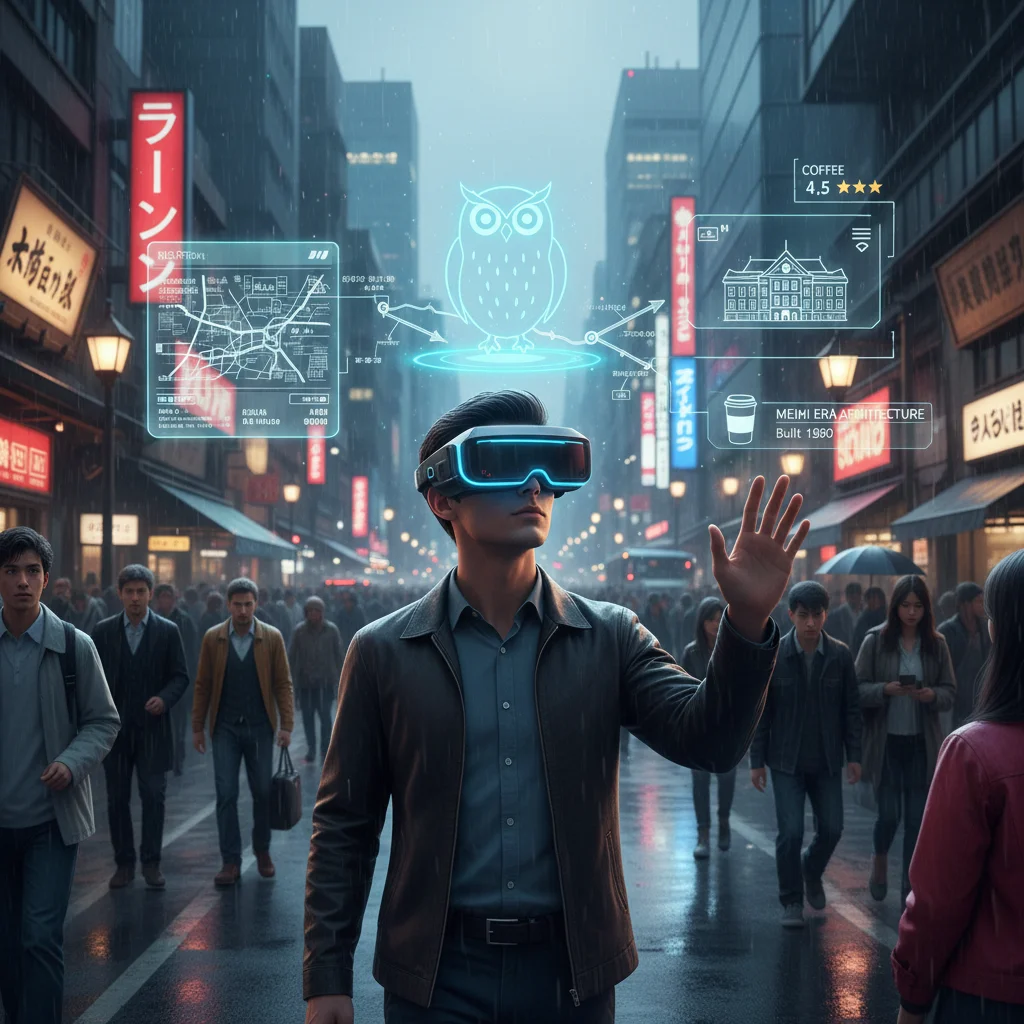 Person using AR glasses with personalized AI assistant in a city