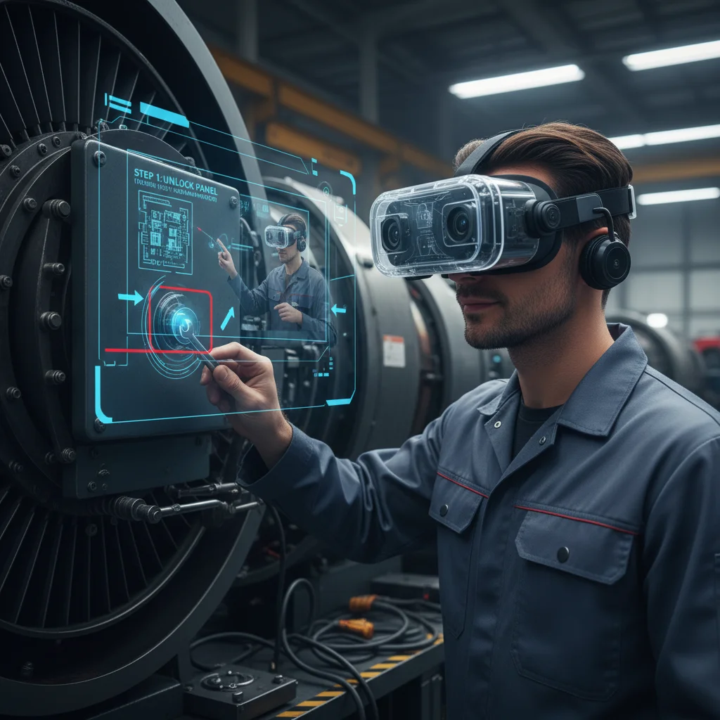 Employee using augmented reality for remote machine maintenance with digital overlays