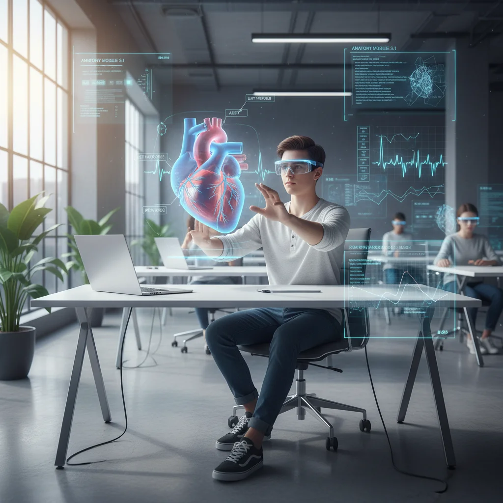 Student using AR smart glasses to interact with a holographic human heart model for immersive education.