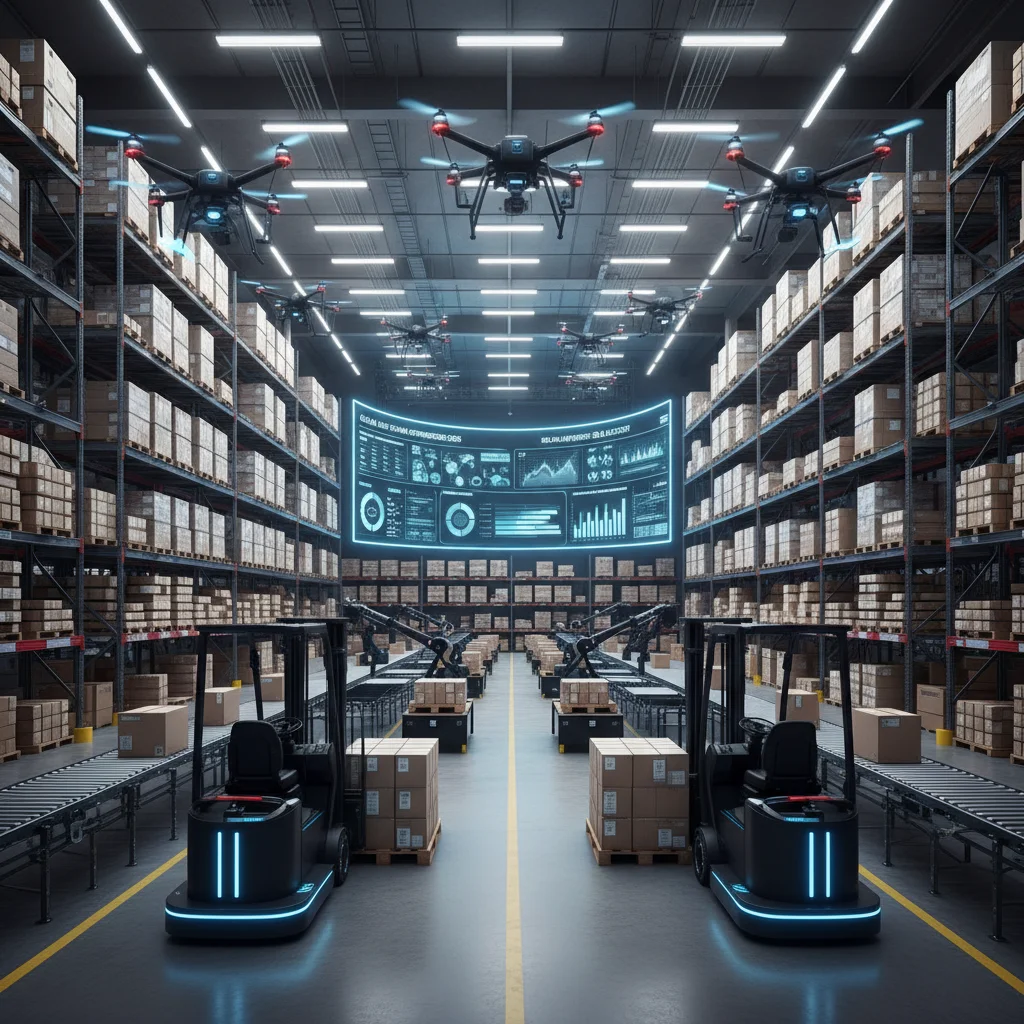 Automated warehouse with robotics and real-time data for logistics optimization