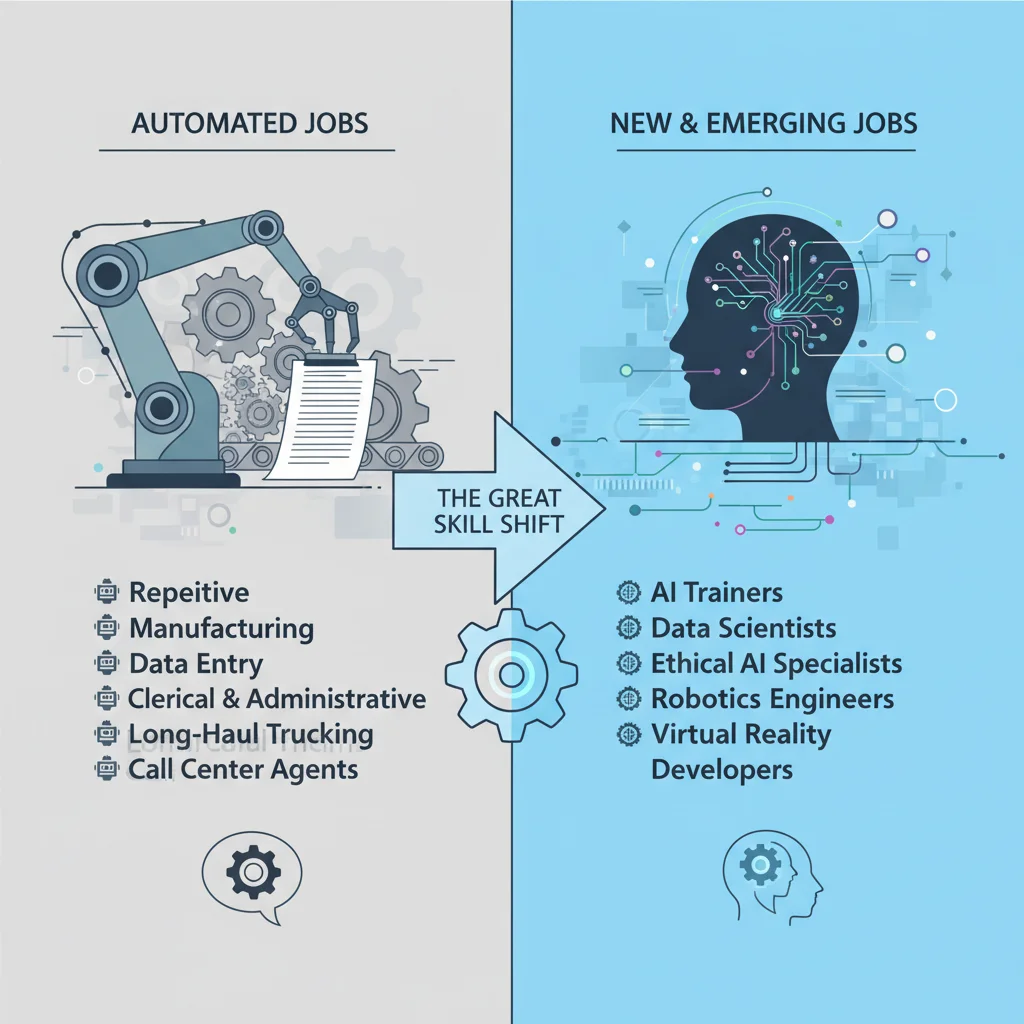 Visualizing the shift from automated jobs to newly created roles due to AI.