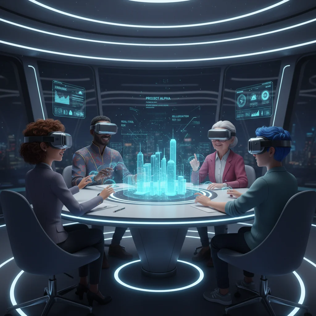Avatars collaborating in a virtual meeting room with holographic project