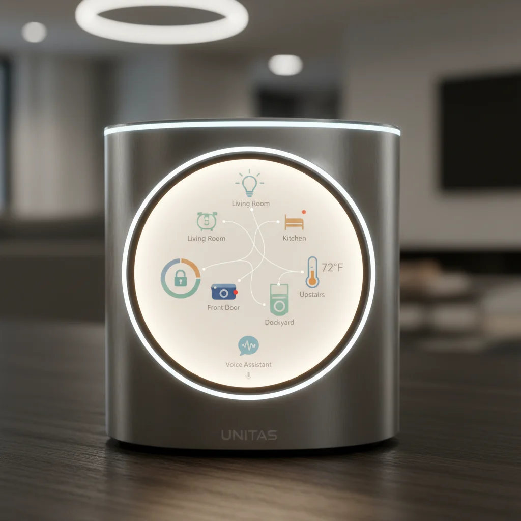 Central smart home hub displaying interconnected device icons.