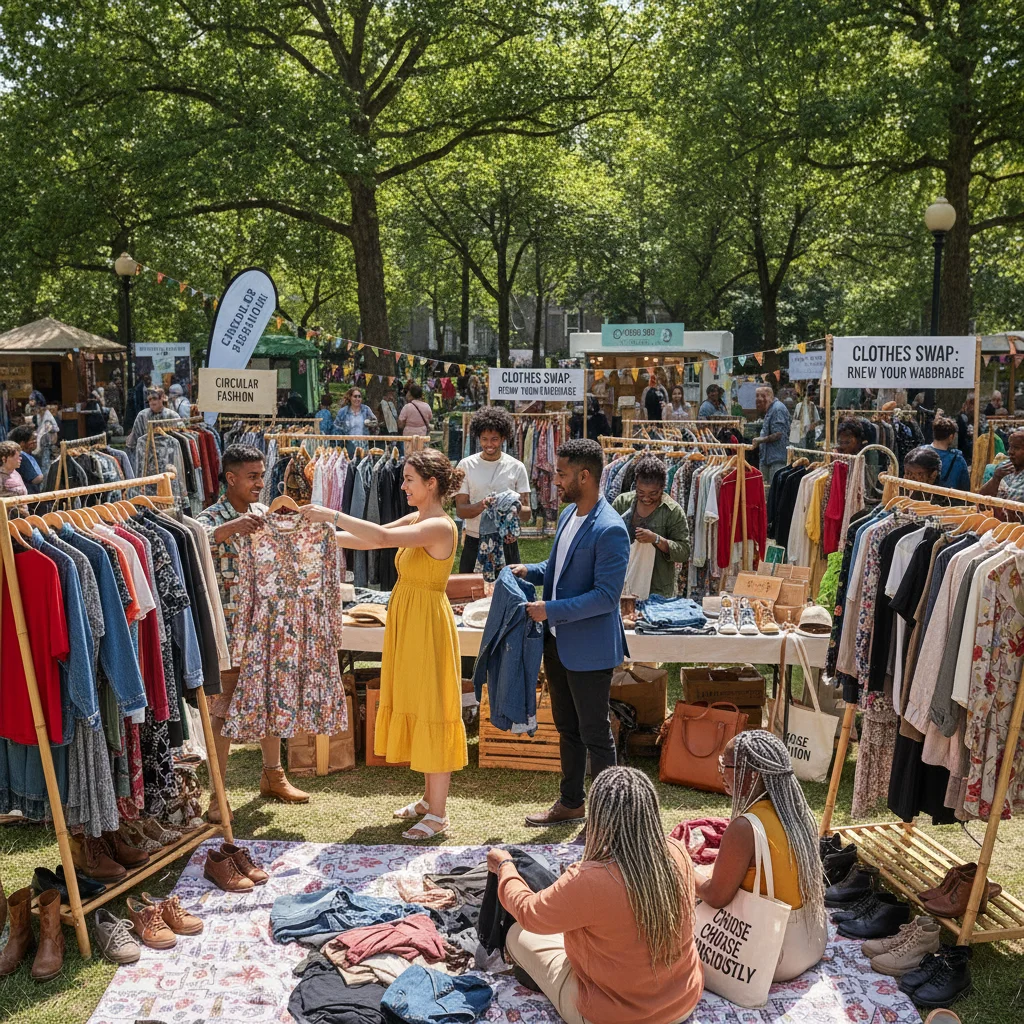 Community clothing swap event promoting circular fashion and conscious consumption