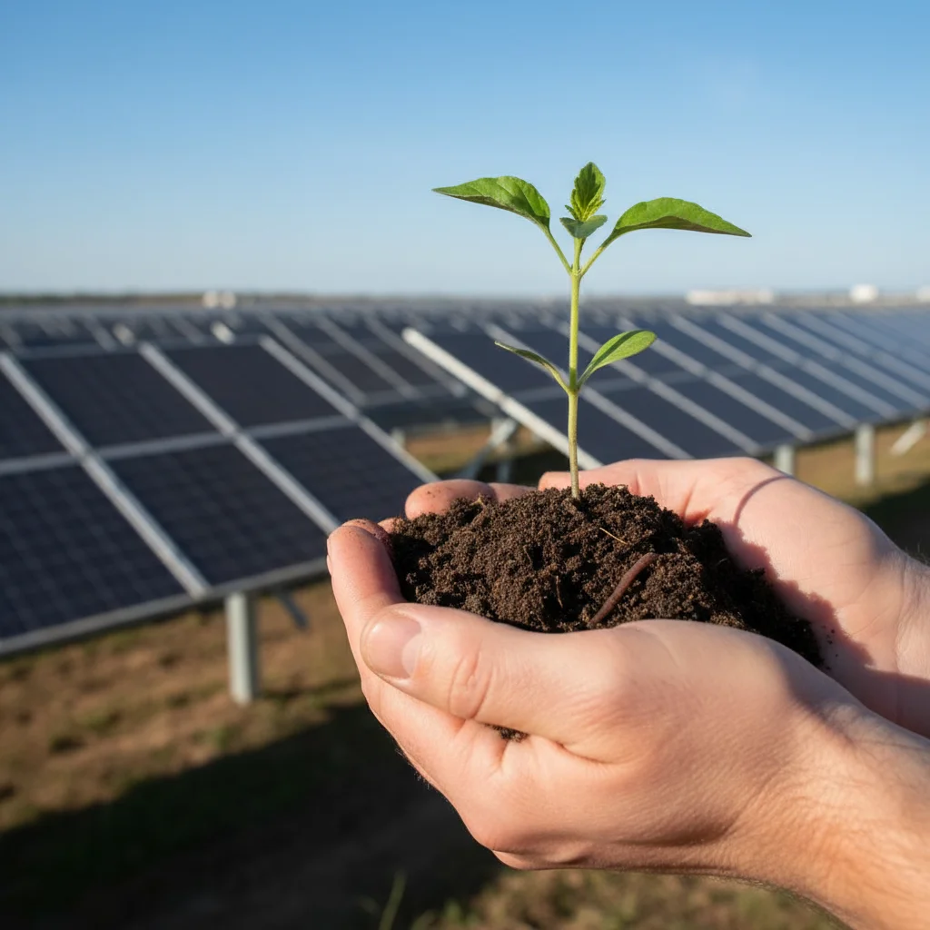 Hands holding a green seedling in front of a solar farm, representing clean technology investment growth.