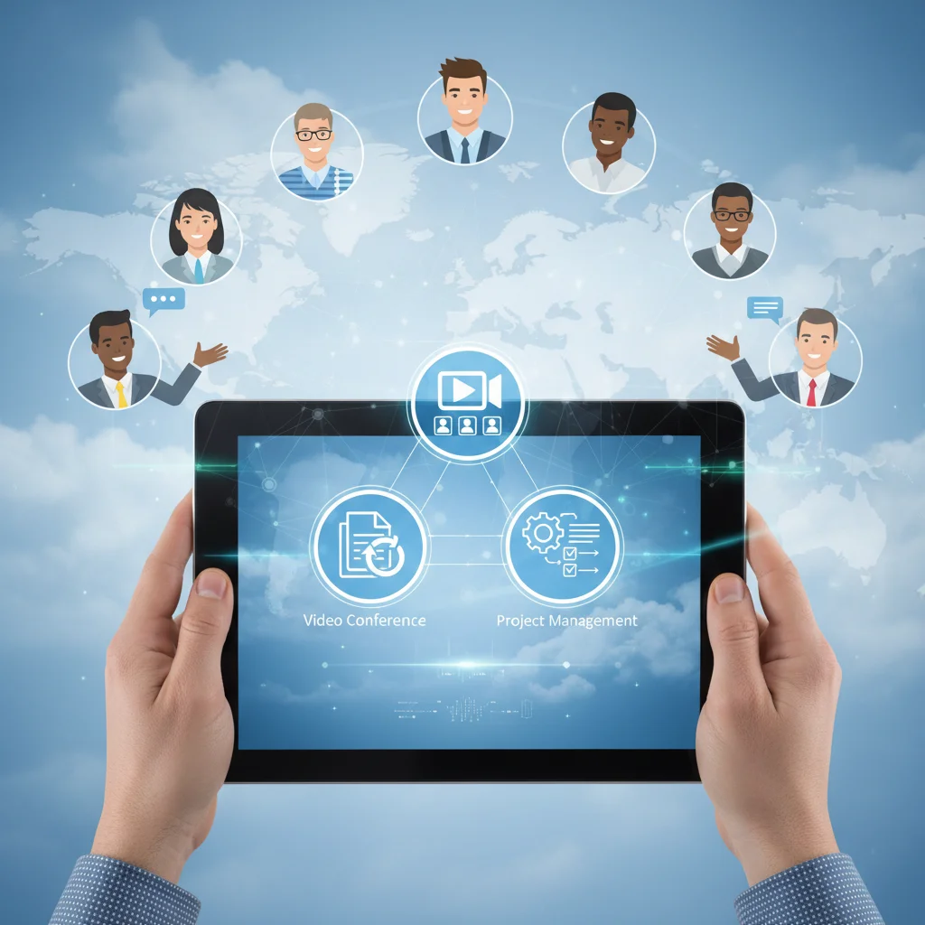 Cloud collaboration tools displayed on a tablet, illustrating team communication and project management.