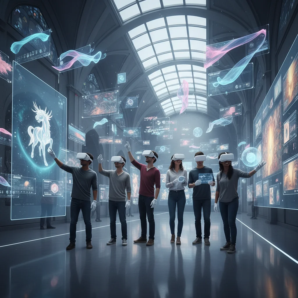 People collaboratively exploring a virtual museum exhibit with VR headsets, demonstrating shared digital engagement.