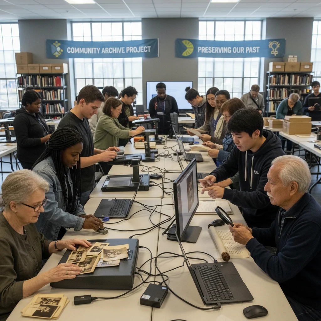 Community members digitizing historical documents and photographs