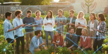 Combating Social Isolation: Building Community in a Digital US Society by 2026 Diverse community connecting in a garden, balancing digital and real-world interactions.