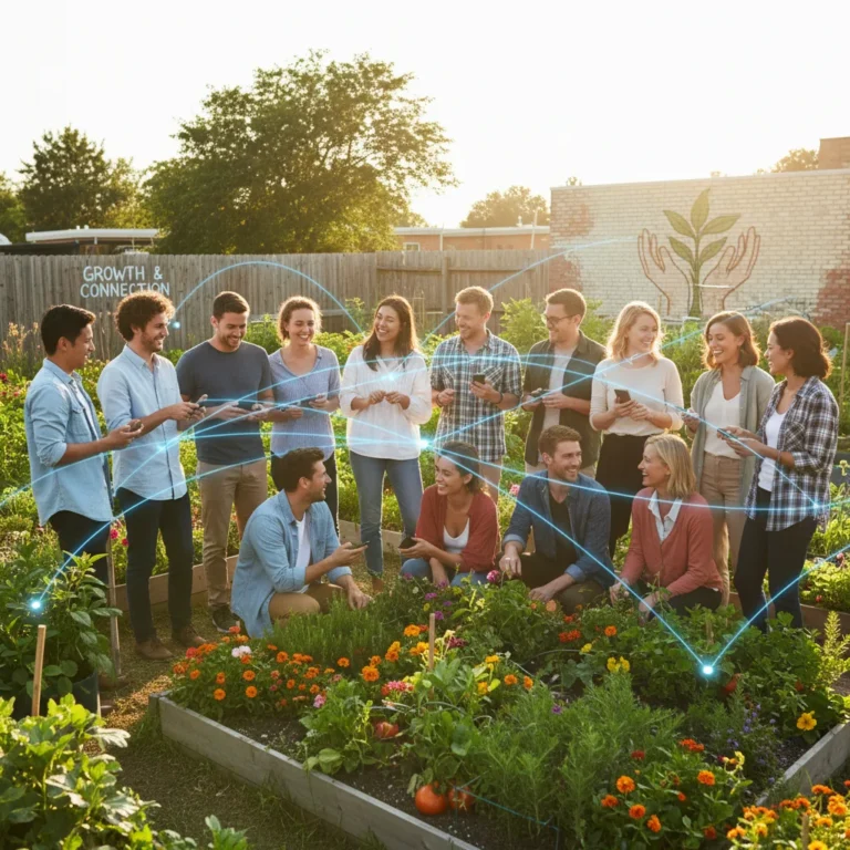 Diverse community connecting in a garden, balancing digital and real-world interactions.