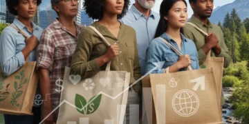 Conscious Consumerism: 70% American Shoppers Influence Brands by 2026 Diverse shoppers with sustainable bags, conscious consumerism