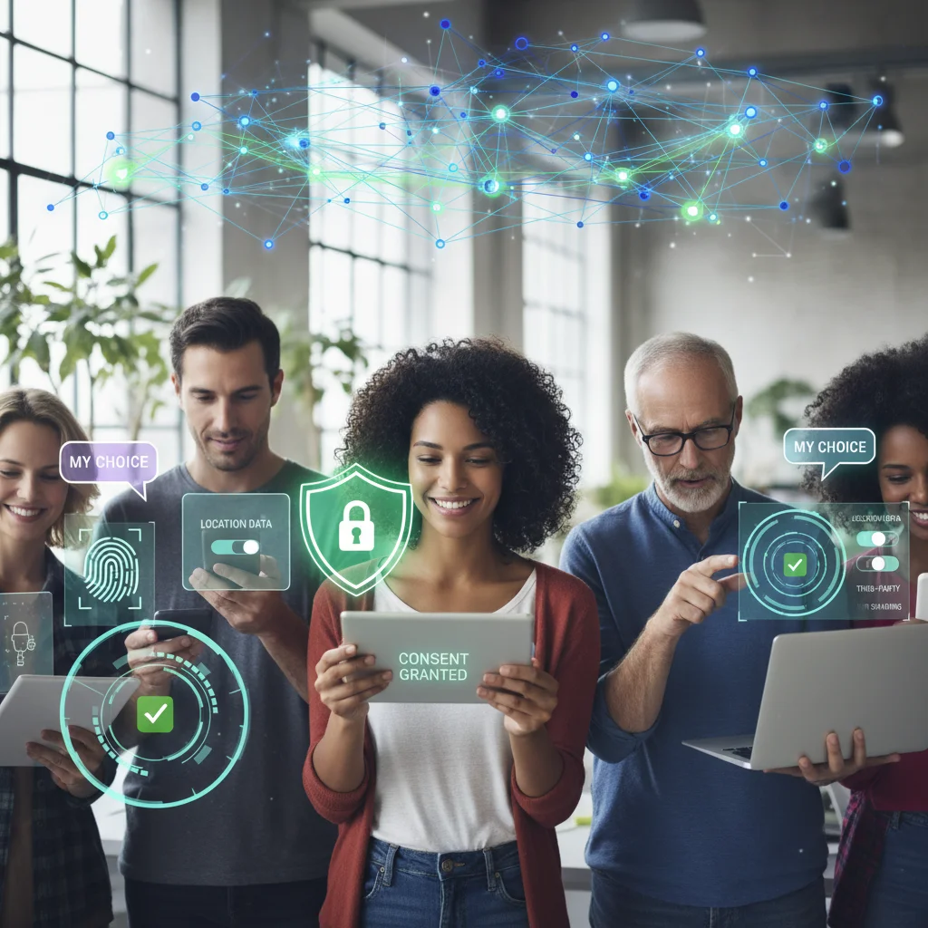 Diverse individuals using digital devices with secure connection graphics, highlighting user consent and data privacy.