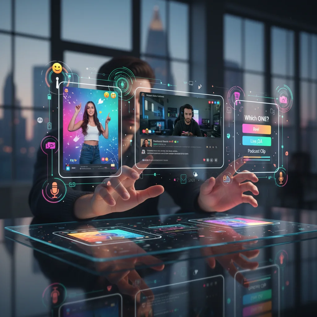 Hands interacting with a holographic display showcasing diverse social media content formats.