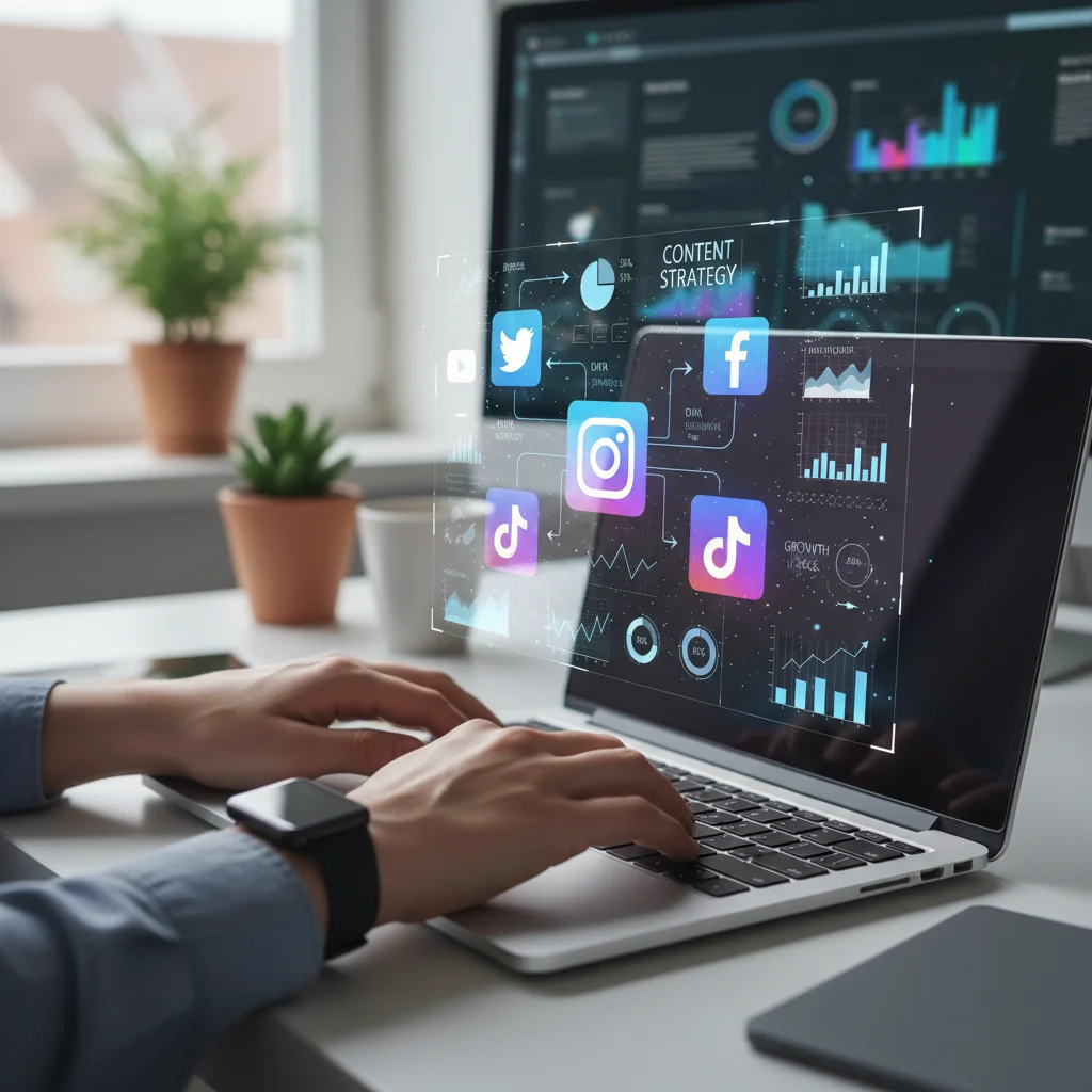 Digital entrepreneur analyzing content strategy and social media metrics on a laptop