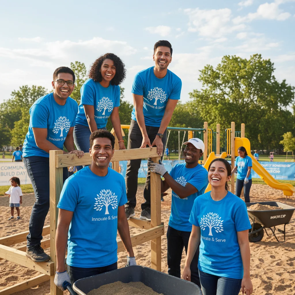 Corporate employees engaging in a team-building volunteer project, highlighting corporate social responsibility.