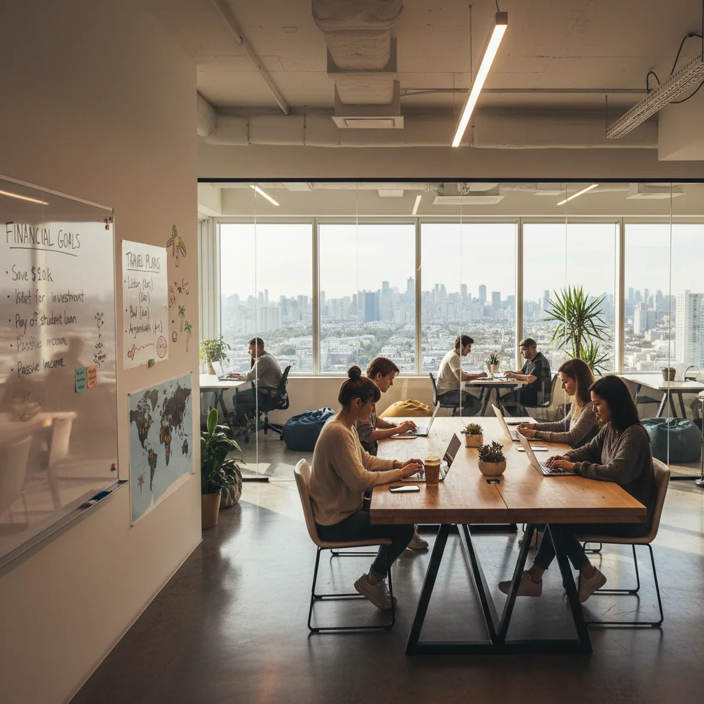 Digital nomad in a co-working space in a US city, strategizing financial goals and remote work projects.