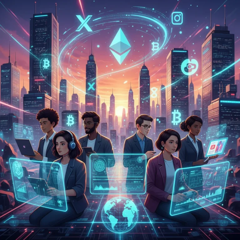 Diverse creators engaging with digital tools and AI, representing the future of the creator economy.