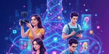 Creator Economy Growth: 25% in 6 Months for Digital Lifestyle Entrepreneurs Illustration of interconnected digital creators achieving growth in the creator economy