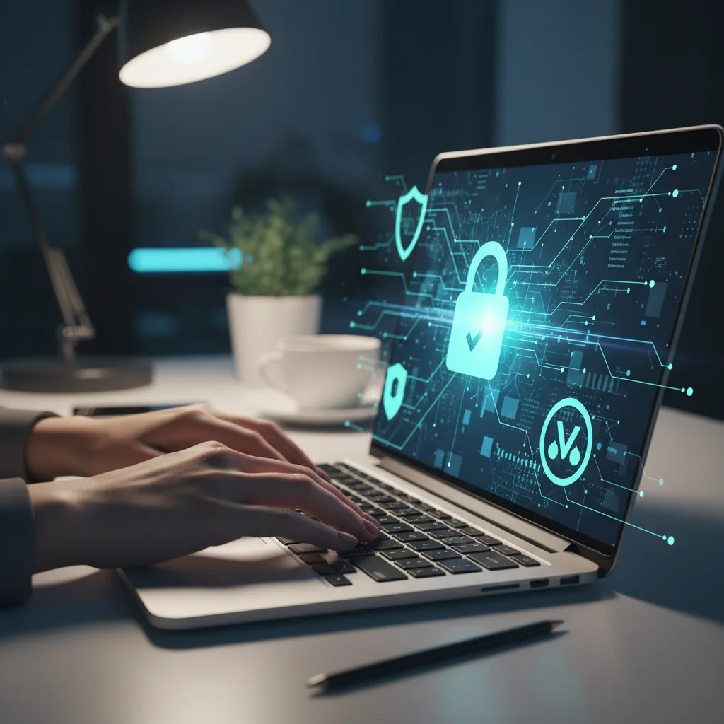 Hands typing on a laptop with cybersecurity icons, representing secure online practices