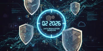 Digital illustration of data streams, privacy shields, and a clock for Q2 2026, representing new data regulations.