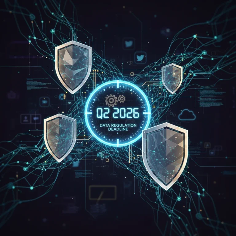 Digital illustration of data streams, privacy shields, and a clock for Q2 2026, representing new data regulations.