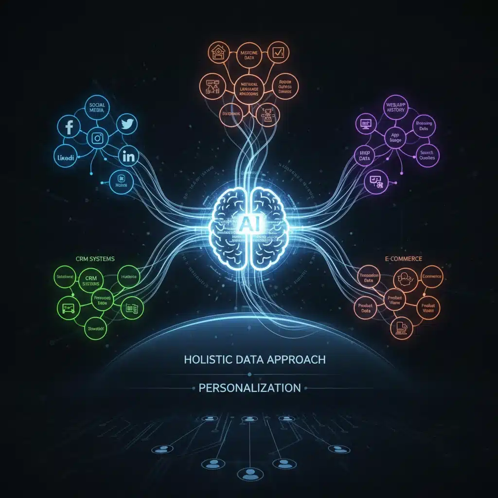 Holistic data integration for AI personalization, showing interconnected data sources.