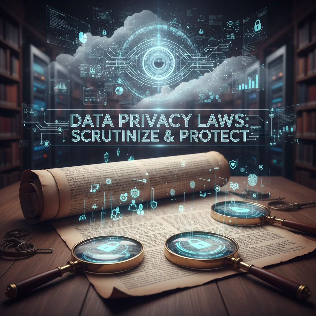 Complex legal document with magnifying glasses and data icons, symbolizing intricate data privacy laws.