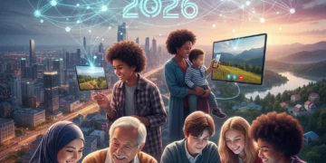 Community Building in the Digital Age: How Americans are Connecting in 2026 Diverse individuals connecting digitally across various platforms, symbolizing community building in 2026.