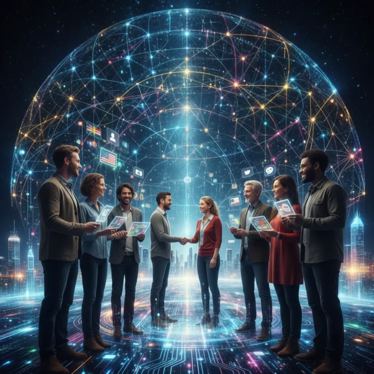 Diverse individuals connecting within a glowing digital community network