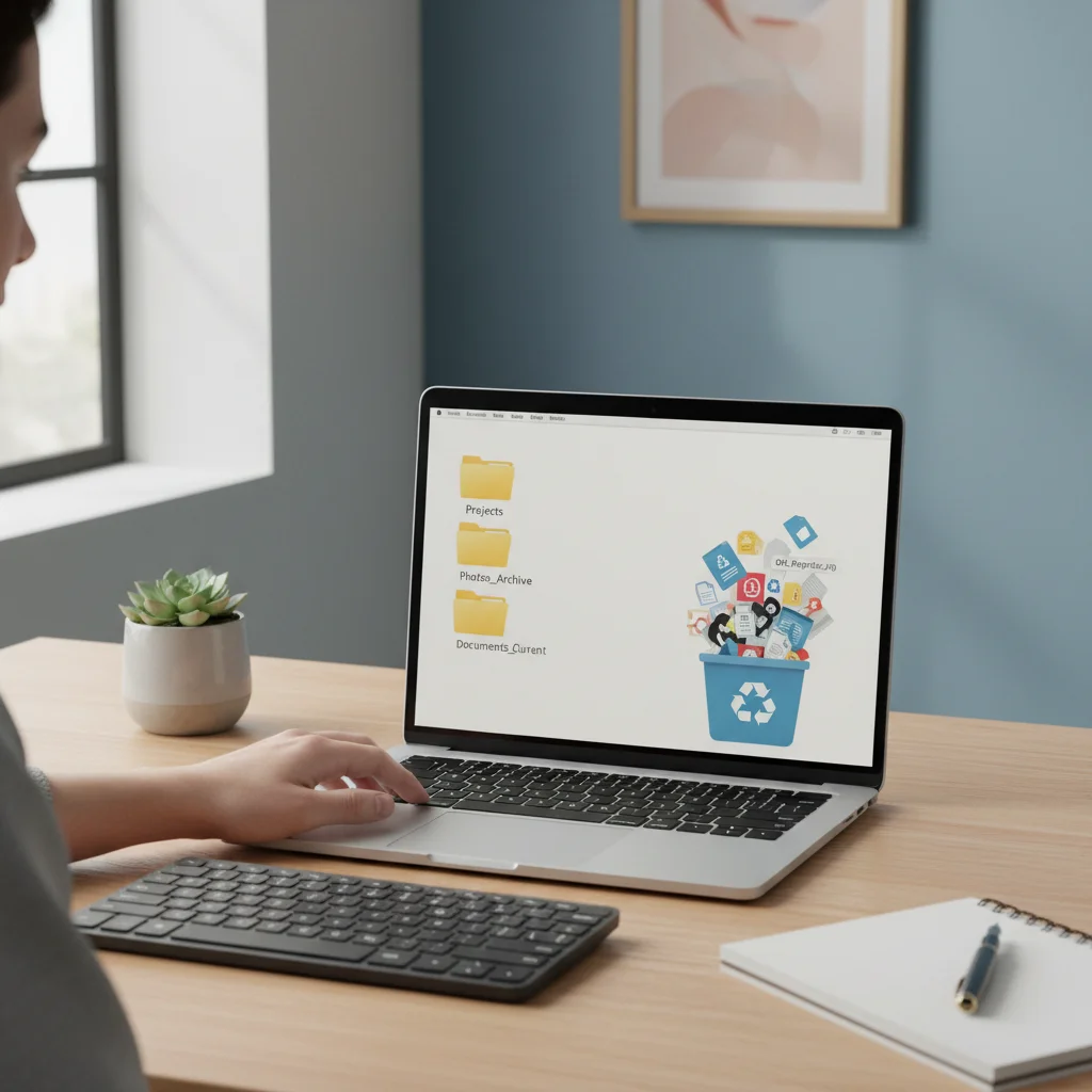 Person digitally decluttering laptop files, clean workspace.