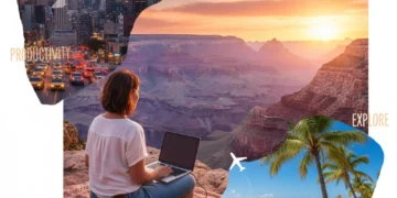 Digital nomad working remotely with a laptop overlooking a scenic US landscape, symbolizing freedom and productivity.
