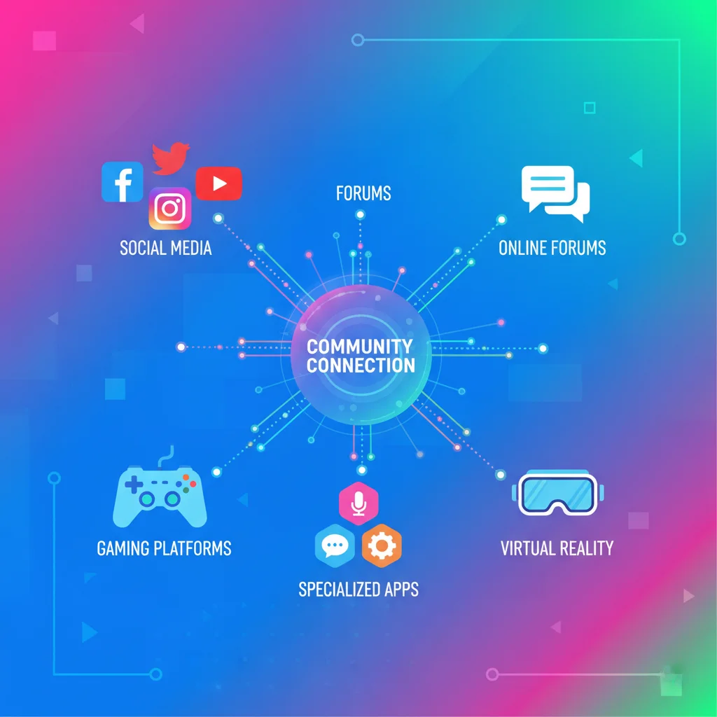 Infographic showing interconnected digital platforms for online community building.
