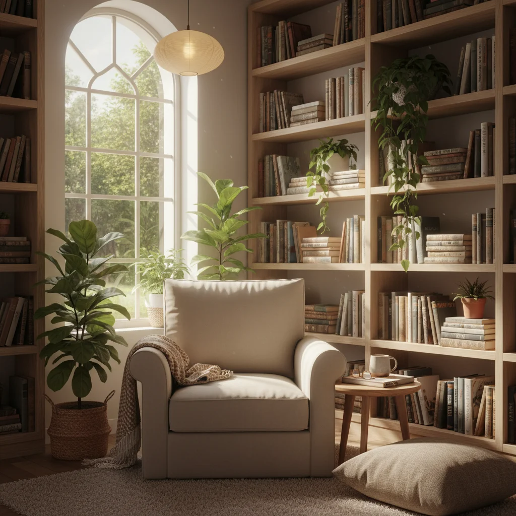 Cozy, tech-free corner with books and plants, representing a digital sanctuary.