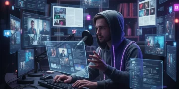 Digital Storytelling: Crafting Your Personal Narrative Online for Maximum Impact in 2026 Person creating digital content on multiple screens, symbolizing digital storytelling and online presence.