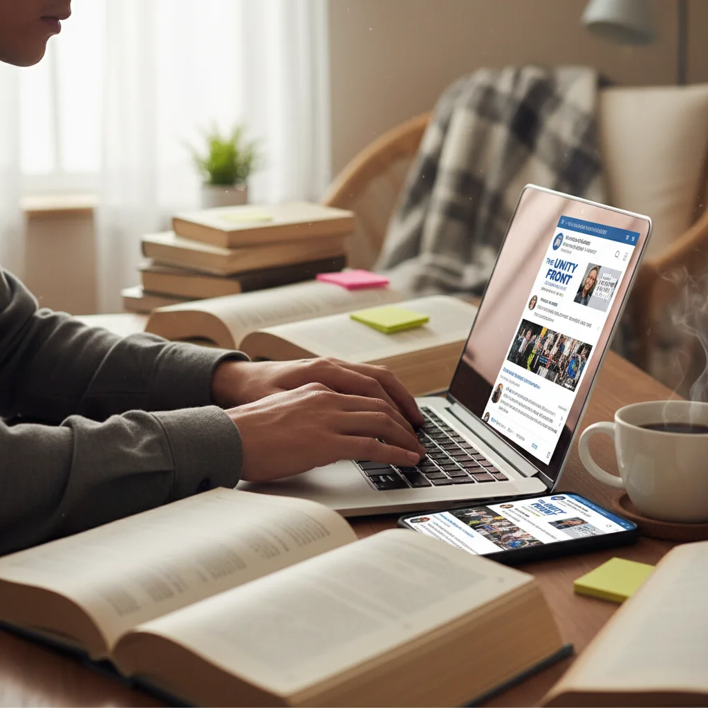 Young person engaging in digital activism and research on a laptop.